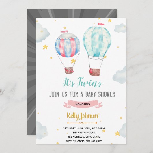 Heet-luchtballon het is een dubbele doucheuitnodig bedankkaart (Voorkant / Achterkant)