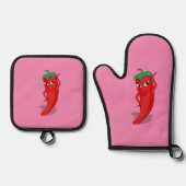 Heet Pepper Diva Tekening Custom Roze Ovenwant & Pannenlap Set (Voorkant)