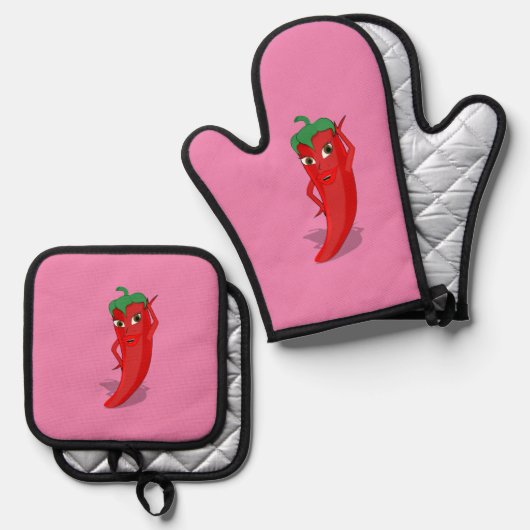 Heet Pepper Diva Tekening Custom Roze Ovenwant & Pannenlap Set (Voorkant / Achterkant)