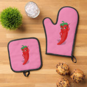 Heet Pepper Diva Tekening Custom Roze Ovenwant & Pannenlap Set (Top down)