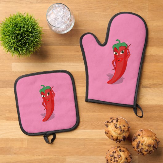 Heet Pepper Diva Tekening Custom Roze Ovenwant & Pannenlap Set (Top down)