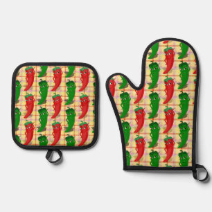 Heet Pepper Divas Tekening Custom Plaid Patroon Ovenwant & Pannenlap Set