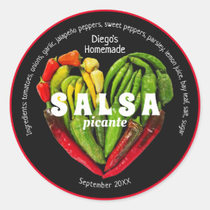 Heet rood groen chili peper hart zwart voedsellabe ronde sticker