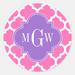 Heet Roze2 Wit Marokkaans #5 Amethist 3 Init Monog Ronde Sticker