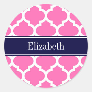 Heet Roze2 Wit Marokkaans #5 Marineblauw Naam Init Ronde Sticker
