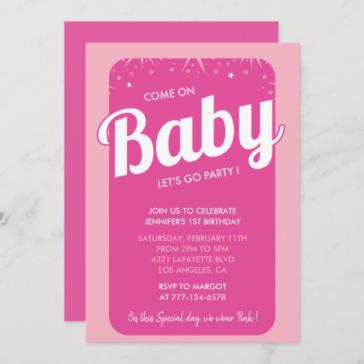 Heet roze 1e verjaardag uitnodigingen schattig mei (Voorkant / Achterkant)