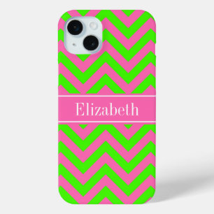 Heet Roze #2 Lime Groen LG Chevron Naam Monogram iPhone 15 Mini Hoesje