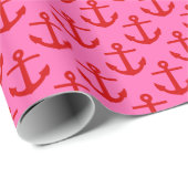 Heet Roze #2, Rode Anker Patronen Cadeaupapier (Rol Hoek)