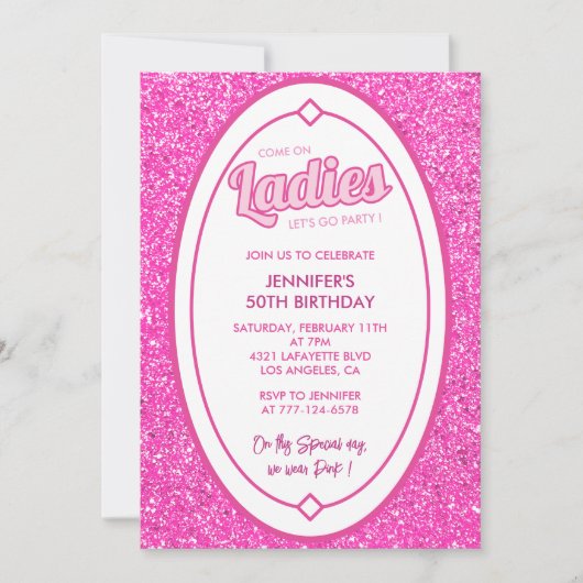 Heet roze 50ste verjaardag uitnodigingen girly gli (Voorkant)
