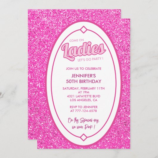 Heet roze 50ste verjaardag uitnodigingen girly gli (Voorkant / Achterkant)