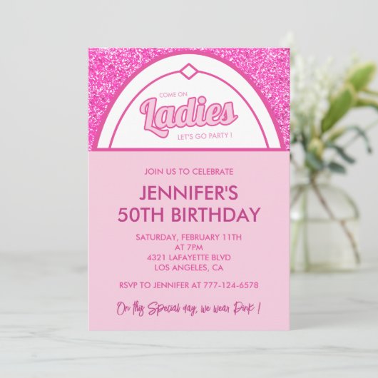 Heet roze 50ste verjaardag uitnodigingen vijftig g (Staand voorkant)