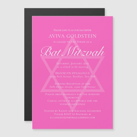 Heet roze Bat Mitzvah-feest Ster van David Magnetische Uitnodiging (Voorkant / Achterkant)