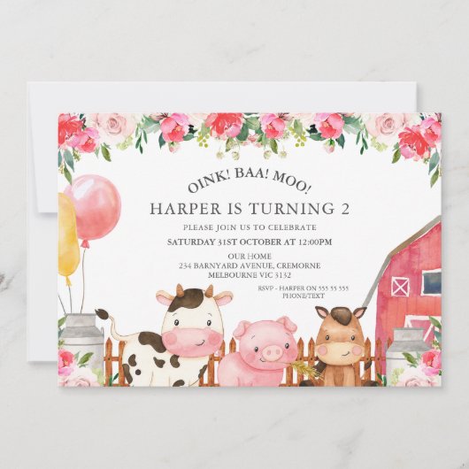 Heet Roze Bloemen Boerderij Dieren Ballonnen Verja Kaart (Voorkant)