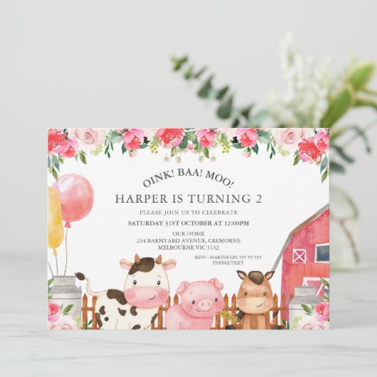 Heet Roze Bloemen Boerderij Dieren Ballonnen Verja Kaart (Staand voorkant)
