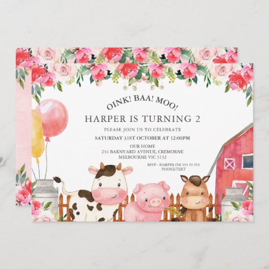 Heet Roze Bloemen Boerderij Dieren Ballonnen Verja Kaart (Voorkant / Achterkant)