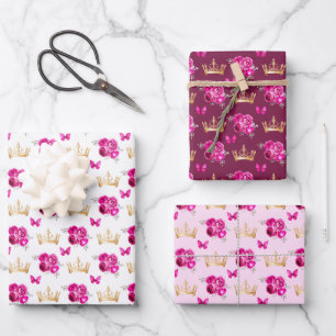 Heet Roze Bloemen en Gouden Kronen Inpakpapier Vel