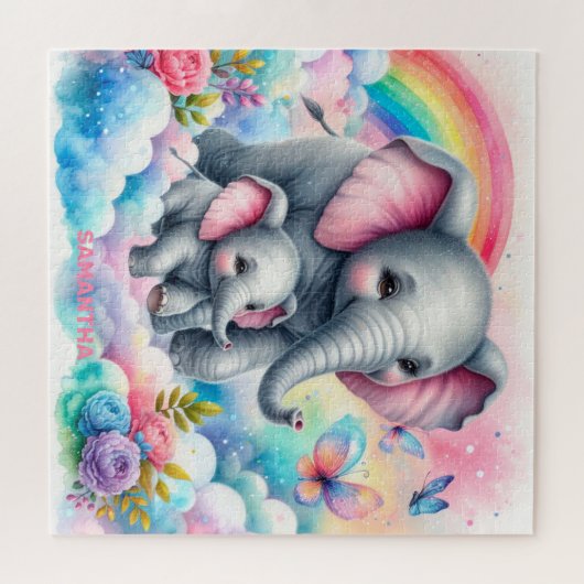 Heet roze bloemen schattig baby olifant en mama legpuzzel (Horizontaal)