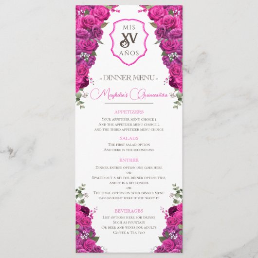 Heet roze bloemig Western Charro Quinceañera Party Menu (Voorkant)