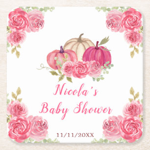 Heet Roze Bloemige Pompoenen Baby Shower Vierkante Kartonnen Onderzetter