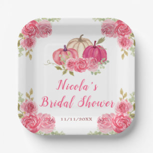 Heet Roze Bloemige Pompoenen Bruiloftfeest Papieren Bordje