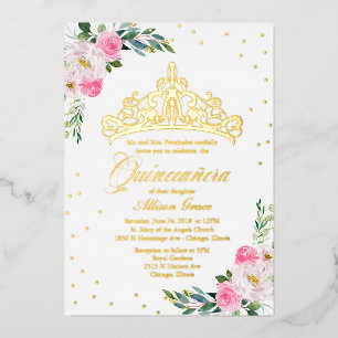 Heet Roze Bloemige Quinceanera  Folie Uitnodiging