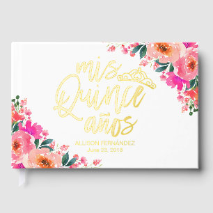 Heet Roze Bloemige Quinceanera-gastenboek Gastenboek