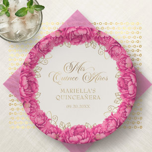 Heet Roze Bloemige Quinceanera Papieren Bordje