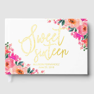 Heet Roze Bloemige Sweet 16 Gastboek Gastenboek