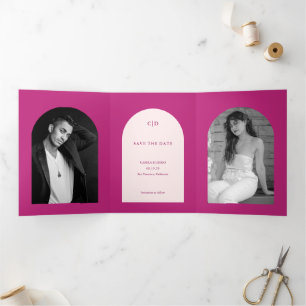 Heet Roze Boog Foto Bruiloft Save the Date Drieluik Aankondiging