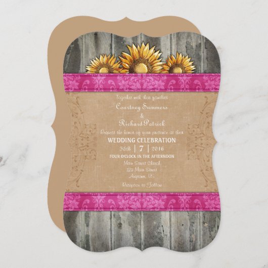 Heet Roze Bruin Rustiek Zonnebloem Bruiloft Uitnod Kaart (Voorkant / Achterkant)