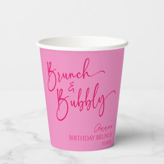 Heet Roze Brunch en Bubbly Verjaardag Brunch Party Papieren Bekers (Achterkant)