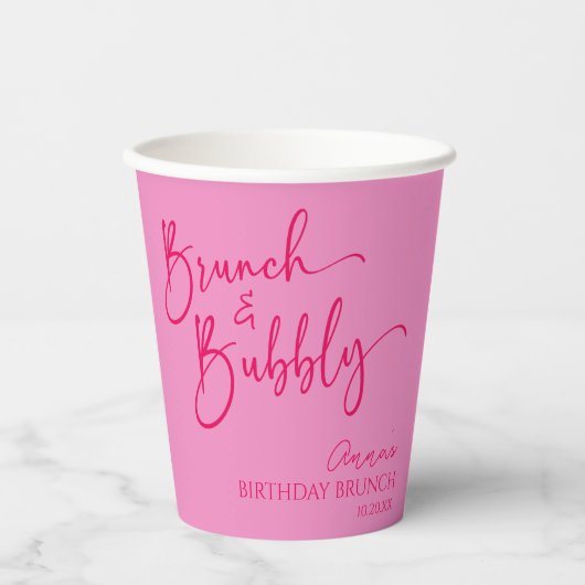 Heet Roze Brunch en Bubbly Verjaardag Brunch Party Papieren Bekers (Voorkant)