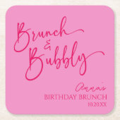 Heet Roze Brunch en Bubbly Verjaardag Brunch Party Vierkante Kartonnen Onderzetter (Voorkant)