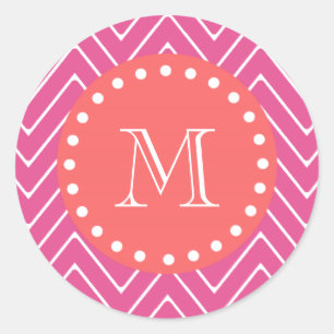 Heet Roze Chevron Patroon Monogram koraal Ronde Sticker