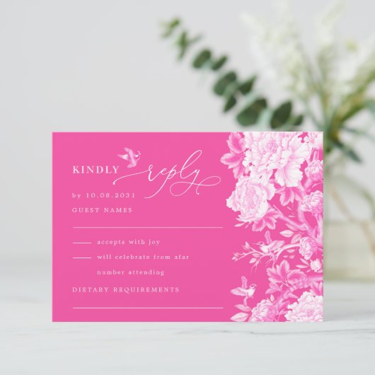 Heet Roze Chinoiserie Bloem Tuin Bruiloft RSVP Kaart (Staand voorkant)