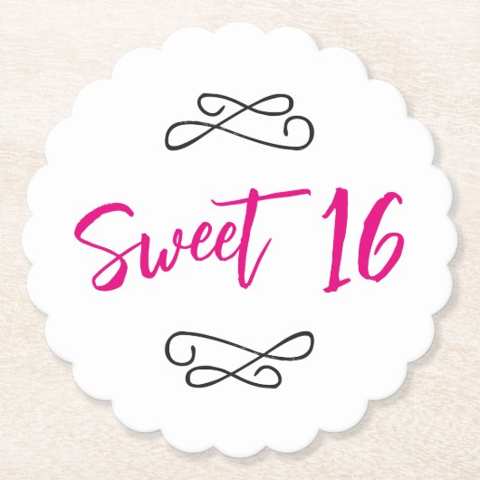 Heet Roze Chique Doodle Modern Script Sweet 16 Kartonnen Onderzetters (Voorkant)