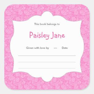 Heet Roze Damast Meisje Boek baby shower Bookplate Vierkante Sticker