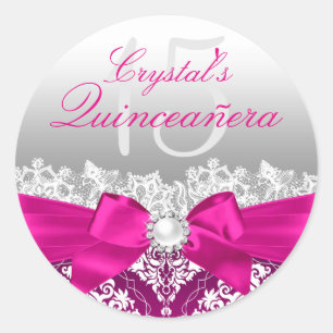 Heet Roze Damast & Parel Boog Quinceanera Sticker