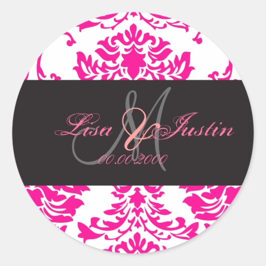 Heet Roze Damast, stickers met monogram (Voorkant)