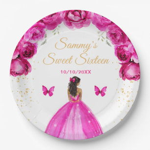 Heet Roze Donkere Huid Prinses Sweet Sixteen Papieren Bordje