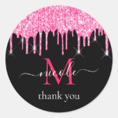 Heet Roze Dripping Glitter + Zwart Monogram Dank U Ronde Sticker (Voorkant)