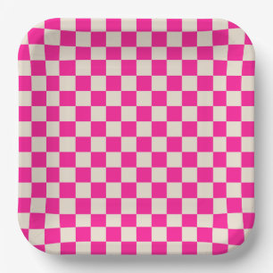 Heet roze en bruin schaakbordpatroon papieren bordje