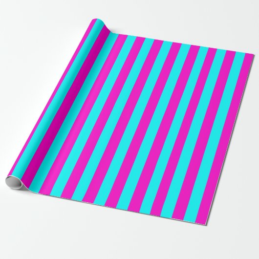 Heet roze en cyaan blauw groen turquoise strepen cadeaupapier (Uitgerold)