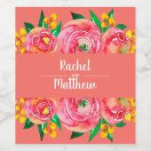Heet Roze en Geel Bloemen Waterverf Wijn Etiket (Enkel label)