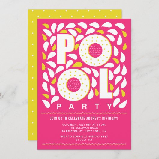 Heet Roze en Gele Pool Party Splash Birthday Kaart (Voorkant / Achterkant)