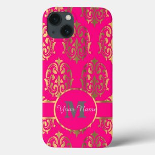 Heet roze en gouden damast monogram iPhone 13 hoesje