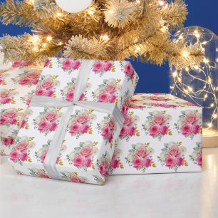 Heet roze en gouden elegante bloemen cadeaupapier