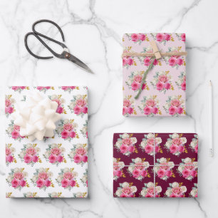 Heet roze en gouden elegante bloemen inpakpapier vel