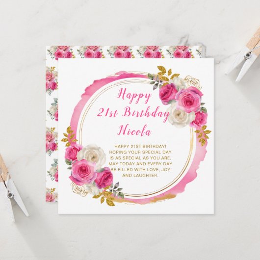 Heet roze en gouden elegante bloemen verjaardagsfe kaart (Voorkant / Achterkant in situ)