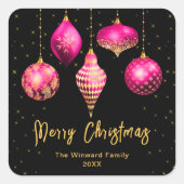 Heet Roze en Gouden Ornamenten Vrolijk kerstfeest Vierkante Sticker (Voorkant)